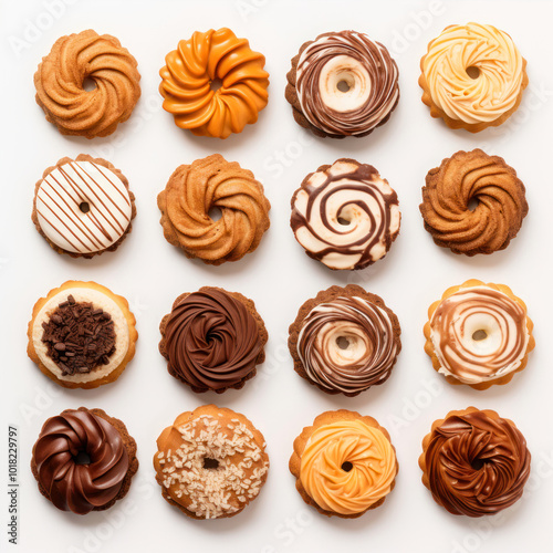 A Top View of Assorted Cookies Arranged Neatly on a White Surface for Dessert Enjoyment