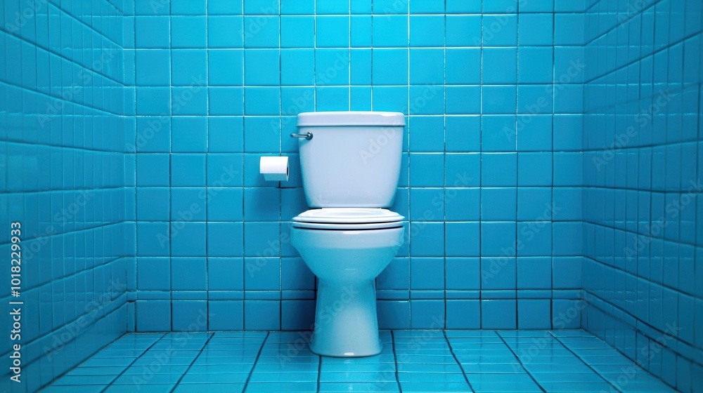Empty Blue Bathroom with Toilet and Tiles Empty Blue Bathroom with Toilet and Tiles