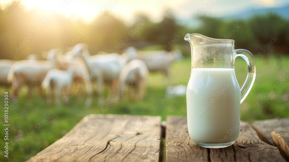 Transparent Glass Jug of Fresh Milk on Rustic Table Outdoors With Goats in the Background Transparent Glass Jug of Fresh Milk on Rustic Table Outdoors With Goats in the Background