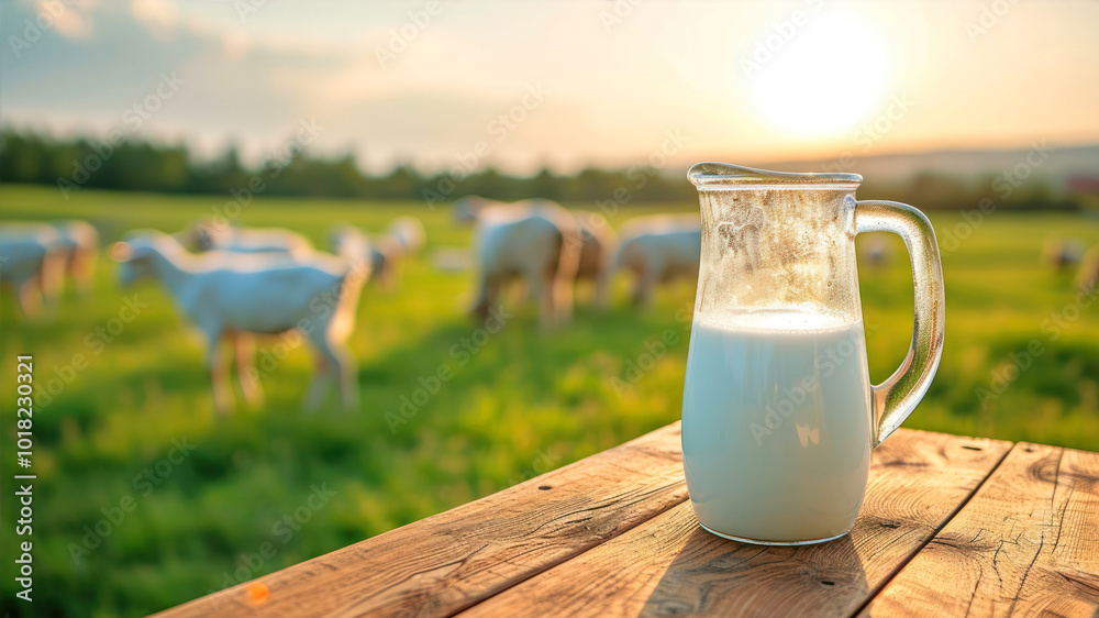 Clear Glass Jug Filled With Fresh Milk on Wooden Table Surrounded by Grazing Goats at Sunset Clear Glass Jug Filled With Fresh Milk on Wooden Table Surrounded by Grazing Goats at Sunset
