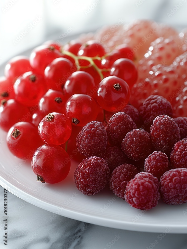 A vibrant assortment of fresh red berries including currants and raspberries is elegantly displayed on a white plate. The marble background enhances the visual appeal, creating a refreshing and appeti A vibrant assortment of fresh red berries including currants and raspberries is elegantly displayed on a white plate. The marble background enhances the visual appeal, creating a refreshing and appeti