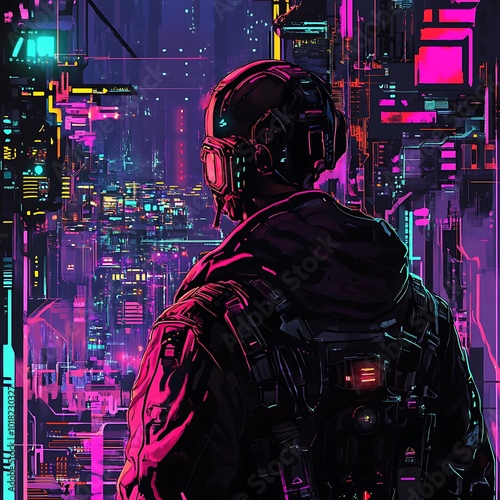 Intriguing hacker character surrounded by colorful neon cyberpunk elements