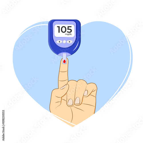 Vector illustration of glucose monitor with blood drop and hand on transparent background