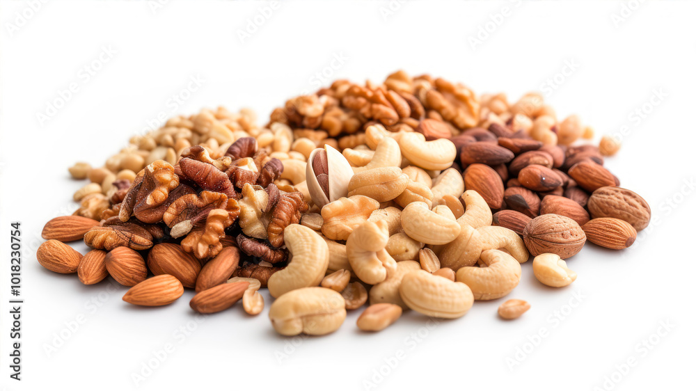 A Detailed Arrangement of Mixed Nuts Showcasing Various Types on a Clean White Background A Detailed Arrangement of Mixed Nuts Showcasing Various Types on a Clean White Background