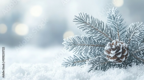 A delicate pine branch dusted with snow rests on a blanket of white snow, with a pine cone nestled among the needles. The soft winter light creates a serene atmosphere, showcasing the beauty of nature