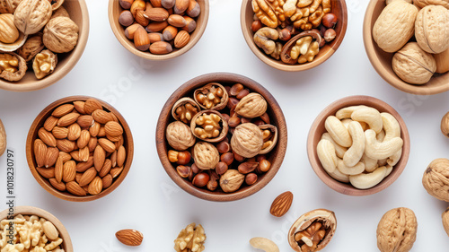 A Detailed Arrangement of Various Nuts in Wooden Bowls on a Light Background