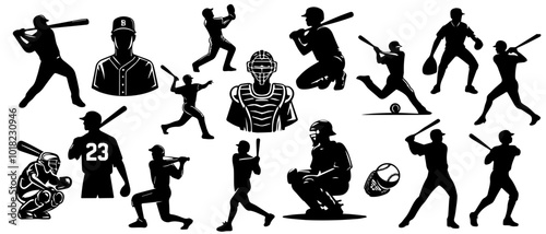 Big set of black vector silhouette baseball player illustration

