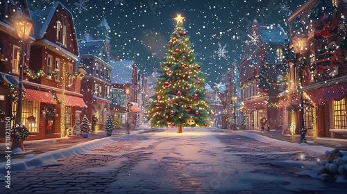 Soft snowflakes swirling gently around a glowing Christmas tree in a snow-covered town square.