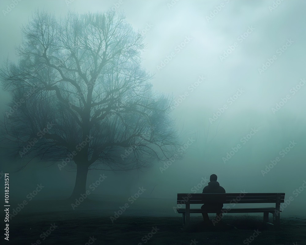 Person Sitting on Bench in Foggy Park Curious and Uneasy Gaze at Distant Silhouette Person Sitting on Bench in Foggy Park Curious and Uneasy Gaze at Distant Silhouette