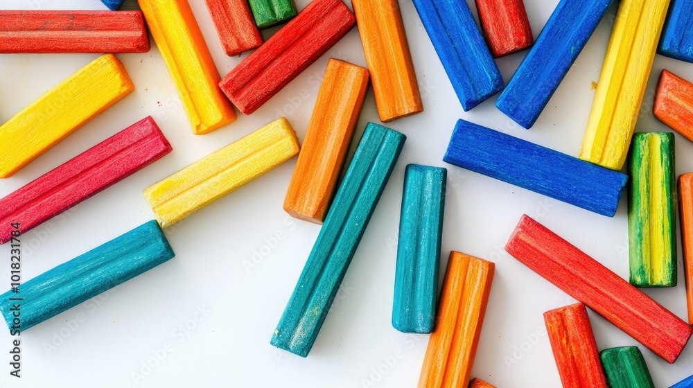 An overhead shot of colorful chalk sticks in a variety of hues, spread out on a white background, perfect for education or creativity themes An overhead shot of colorful chalk sticks in a variety of hues, spread out on a white background, perfect for education or creativity themes