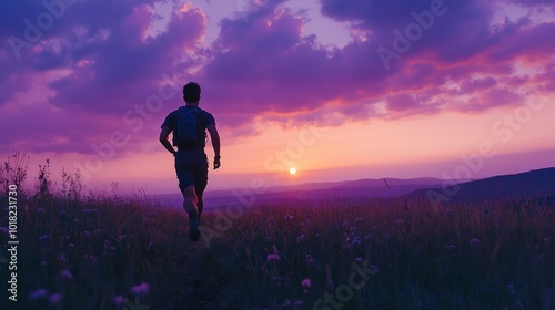 A lone runner silhouetted against a vibrant sunset, running through a field of wildflowers, with a stunning view of the mountains in the distance.