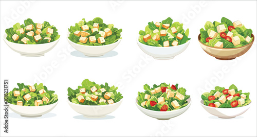 Fresh Caesar Salad Vector. Crisp Caesar Salad Illustration. Healthy Caesar Salad Vector. Set Of Delicious Caesar Salad