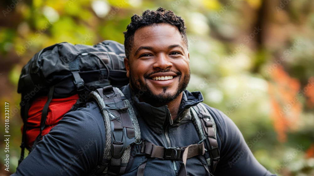 Happy African American Hiker Enjoying Nature Trek with Backpack Happy African American Hiker Enjoying Nature Trek with Backpack