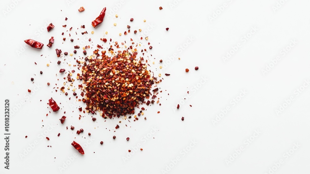 An overhead view of a pile of crushed red chili flakes and seeds on a white background, capturing the essence of heat An overhead view of a pile of crushed red chili flakes and seeds on a white background, capturing the essence of heat
