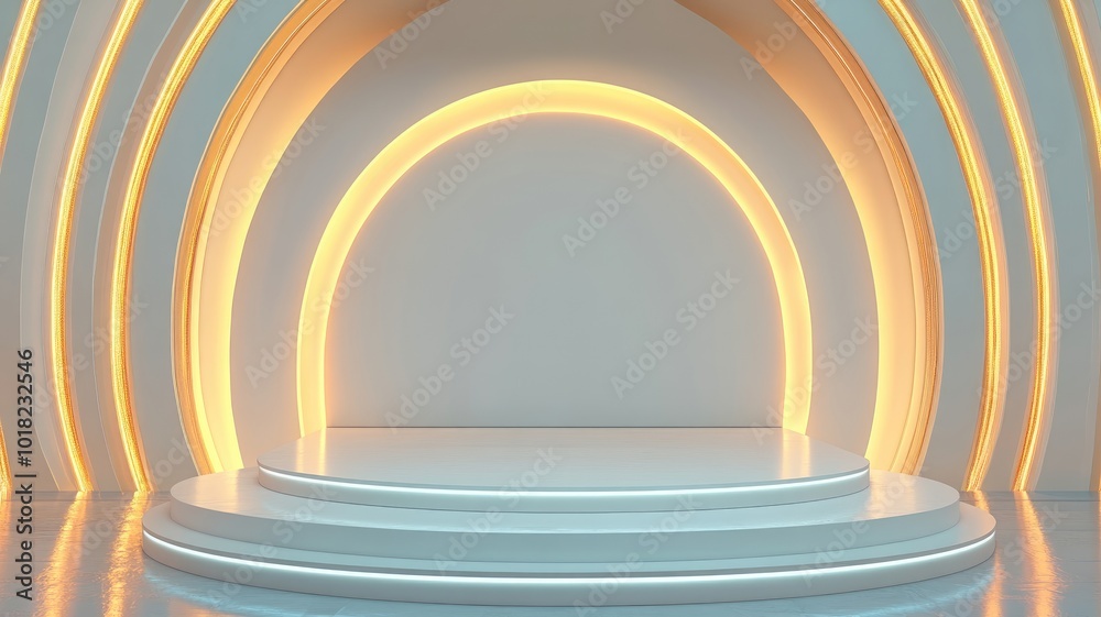 White Circular Platform with Golden Illuminated Arches