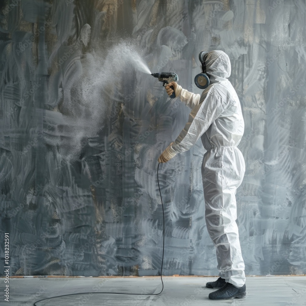 Decorator in protective overalls painting wall with spray gun indoors Decorator in protective overalls painting wall with spray gun indoors