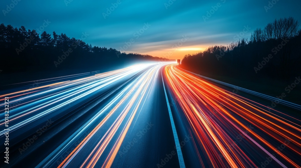 A long exposure shot of a highway at night, showing the streaks of light from passing cars. A long exposure shot of a highway at night, showing the streaks of light from passing cars.