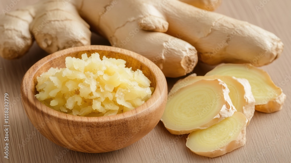 Fresh raw ginger and grated ginger in wooden bowl for culinary and health benefits Fresh raw ginger and grated ginger in wooden bowl for culinary and health benefits
