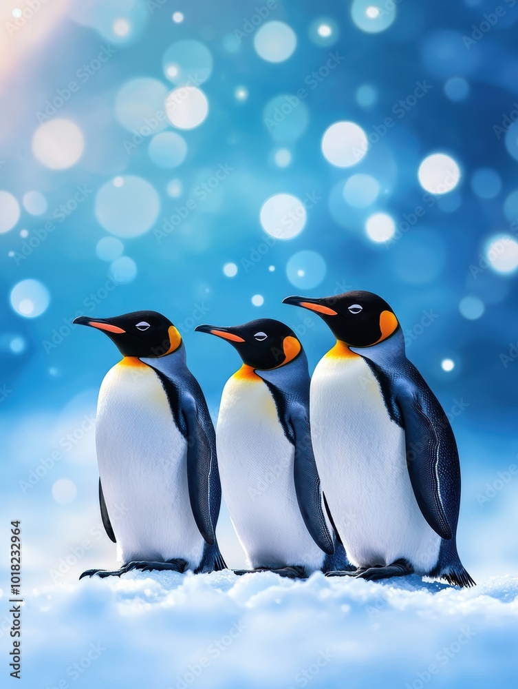 Fototapeta premium Penguins Huddling Together on Ice Shore