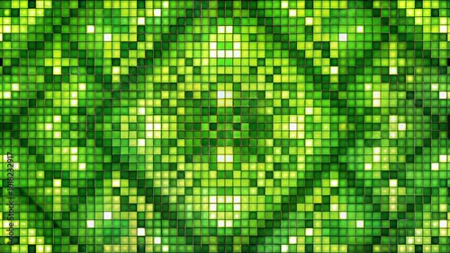 This geometric vector background showcases a seamless green pixel mosaic pattern, perfect for modern design applications, adding vibrancy and depth