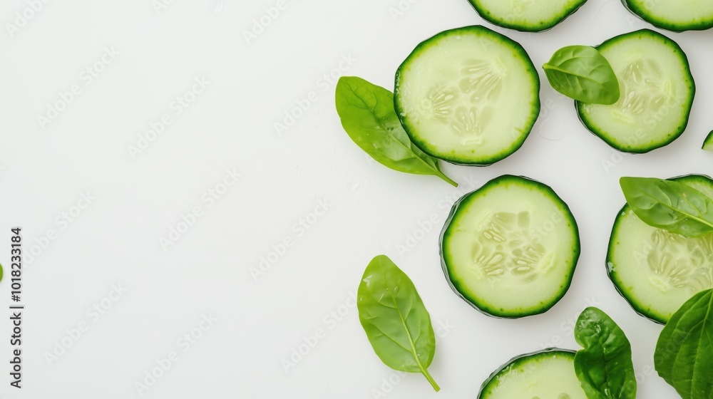 Fresh spring concept with sliced cucumbers and greens for culinary design Fresh spring concept with sliced cucumbers and greens for culinary design