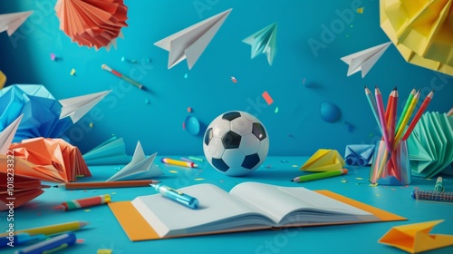 Colorful workspace with a soccer ball, paper planes, and stationery items inviting creativity and fun learning experiences.