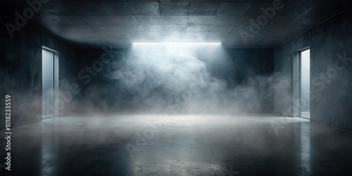 Minimalist studio space with dark fog, soft ambient light, surreal atmosphere