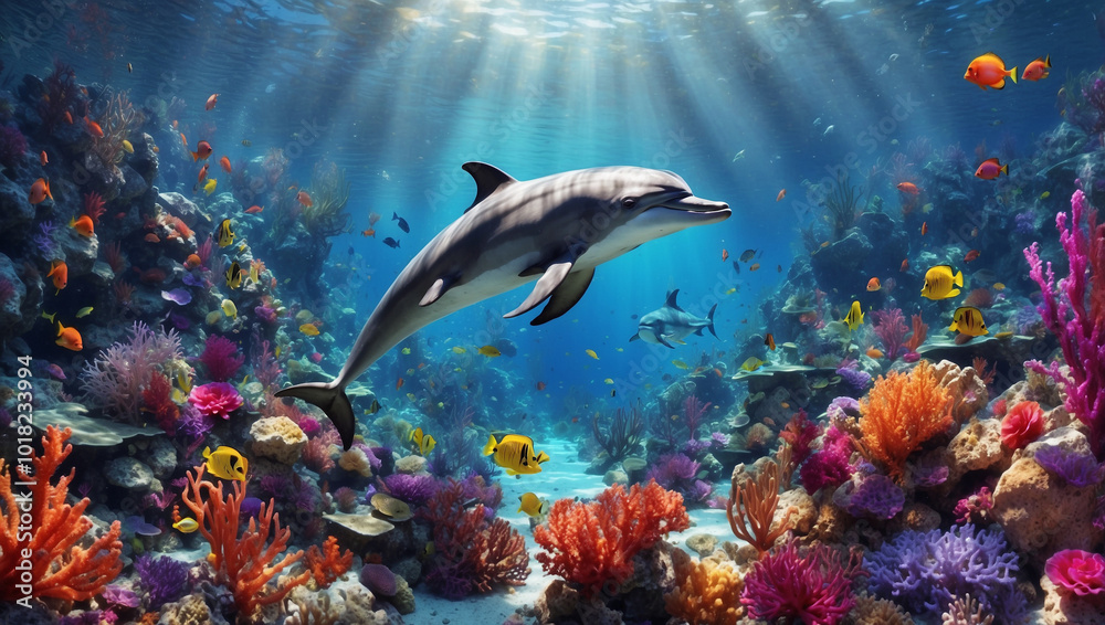 Fototapeta premium Underwater Scene Featuring a Dolphin