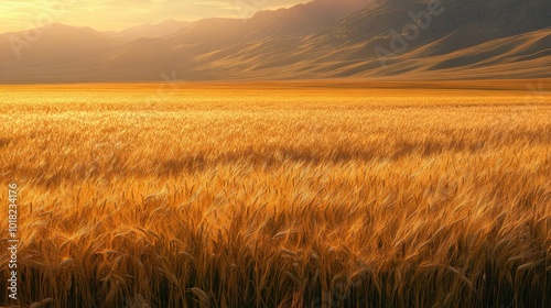 Barley crops glowing under the golden light of the evening sun, with mountains rising in the background.