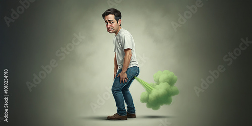 Sad Man Farting a Green Cloud Mist, Gross Breaking Wind Flatulence, Toot Passing Gas