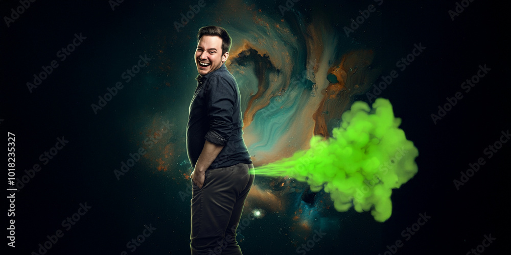 Man Farting a Green Cloud Mist, Gross Breaking Wind Flatulence, Toot Passing Gas, Laughing Man Farting a Green Cloud Mist, Gross Breaking Wind Flatulence, Toot Passing Gas, Laughing