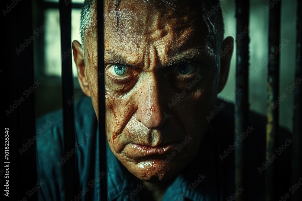 A man with a weathered face gazes intensely through metal bars in a poorly lit prison cell. His piercing eyes and furrowed brow convey a sense of despair and determination, evoking strong emotions abo A man with a weathered face gazes intensely through metal bars in a poorly lit prison cell. His piercing eyes and furrowed brow convey a sense of despair and determination, evoking strong emotions abo