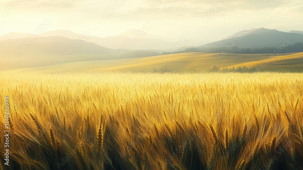 Barley fields stretching out toward distant mountains, with soft morning light casting a warm glow. Barley fields stretching out toward distant mountains, with soft morning light casting a warm glow.