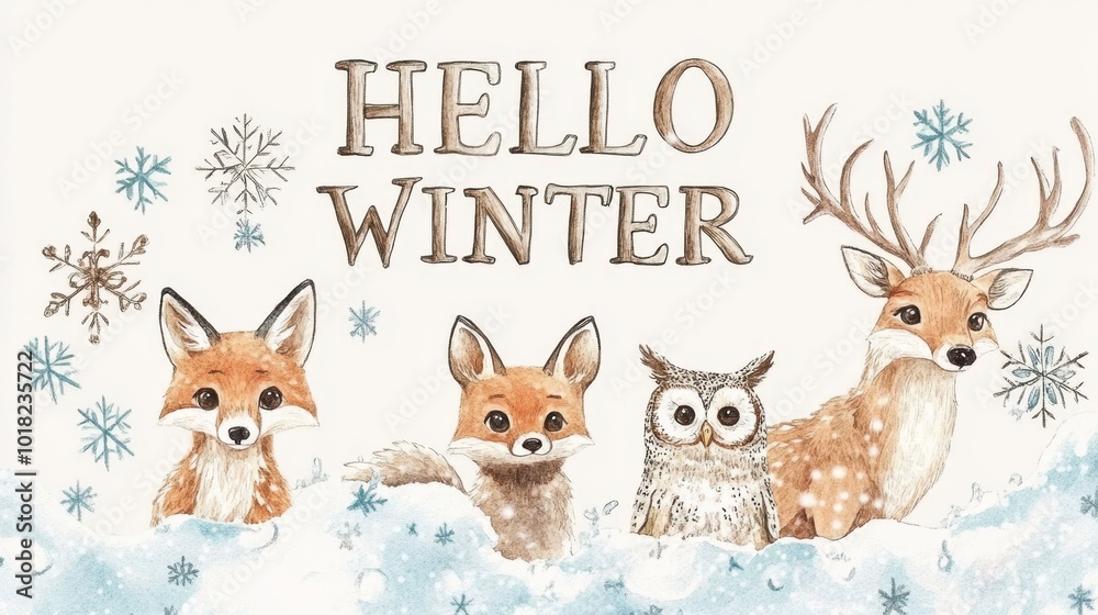 Whimsical Hello Winter Greeting With Cute Forest Animals Whimsical Hello Winter Greeting With Cute Forest Animals