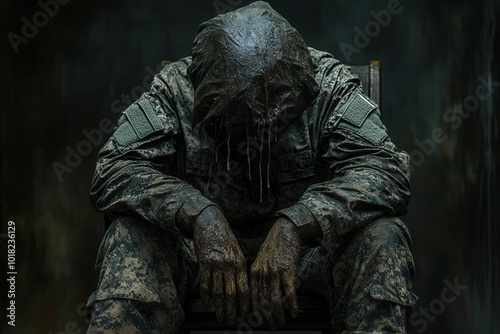 In a dimly lit space, a soldier sits quietly on a chair, wearing a drenched uniform and a hood, embodying deep contemplation about past battles. The atmosphere conveys a sense of heaviness and emotion photo