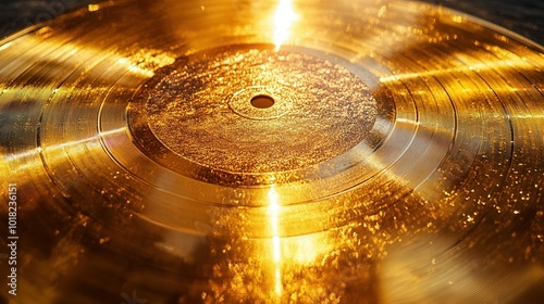 A sparkling golden vinyl record catches the warm light in a cozy music studio. The smooth surface showcases intricate grooves, inviting listeners to enjoy rich musical tones during an intimate listeni photo