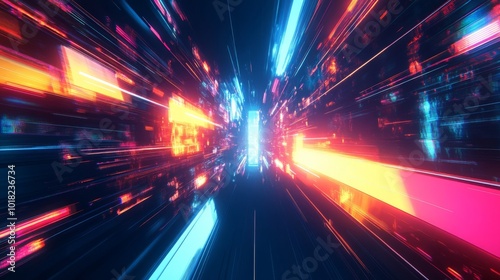 Abstract Neon Lights Tunnel with Digital Glitch Effects photo