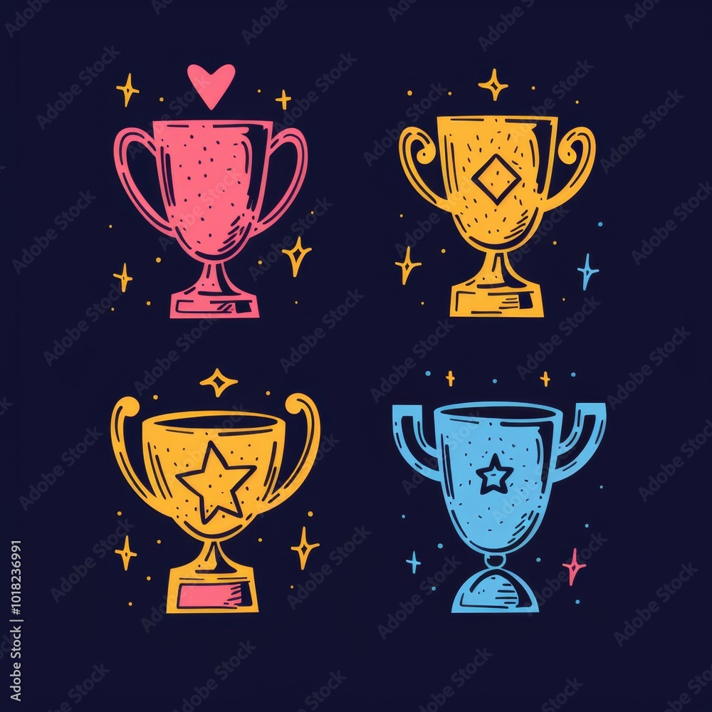 Trophy cups, golden goblet, silver reward, champion bowls. Contest winner award collection, prize cup