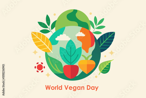 Colorful minimalist design celebrating world vegan day with fruits and foliage