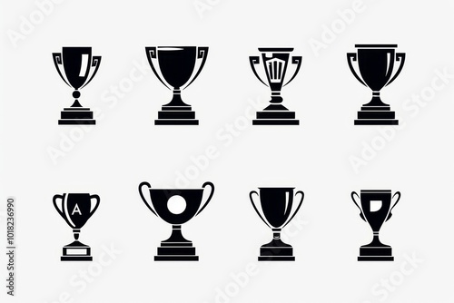 Trophy cups, golden goblet, silver reward, champion bowls. Contest winner award collection, prize cup