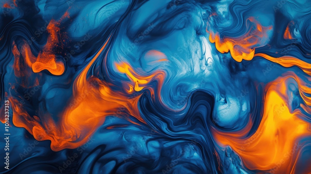 Blue and orange ink swirling dynamically, forming abstract patterns with smooth gradients and fluid shapes Blue and orange ink swirling dynamically, forming abstract patterns with smooth gradients and fluid shapes
