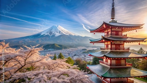 Minimalist view of Mt Fuji and Peace Pagoda during spring season