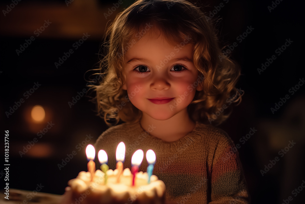 little girl smiling with birthday cake and lit candles in a dark room little girl smiling with birthday cake and lit candles in a dark room