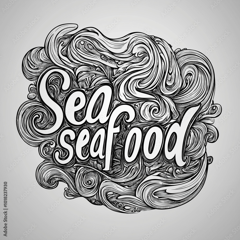 The text Seafood is written in line art style in black and white. The text Seafood is written in line art style in black and white.