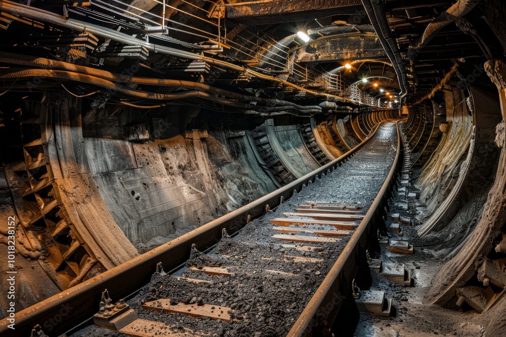 Empty tunnel, post-apocalyptic shelter, rails going into darkness conveyor belt in underground coal mine Empty tunnel, post-apocalyptic shelter, rails going into darkness conveyor belt in underground coal mine