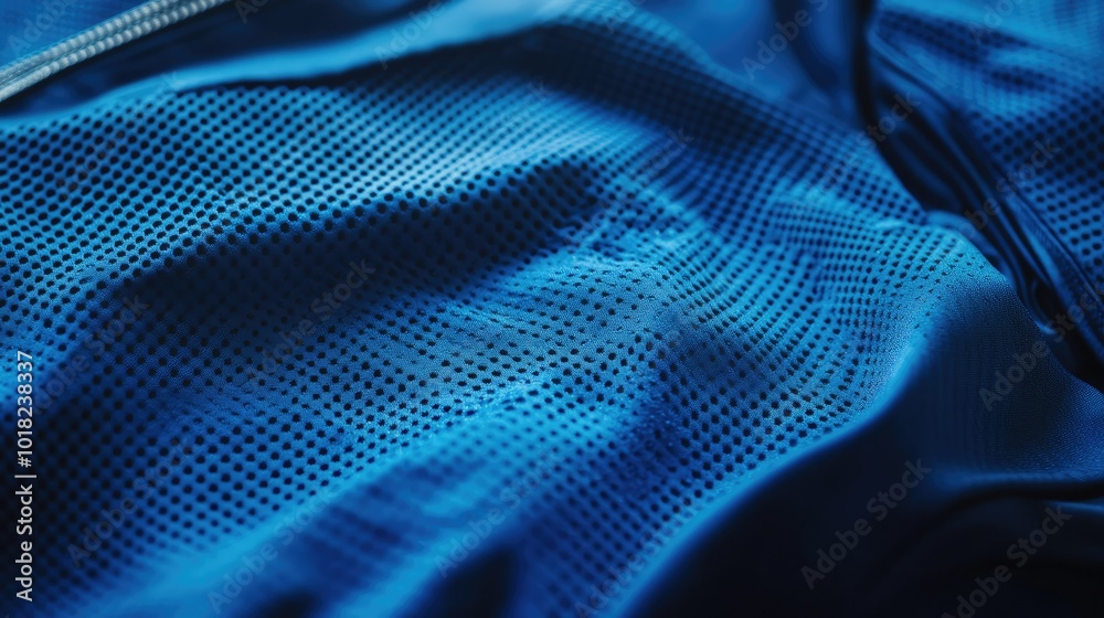 Blue football jersey lying flat, with a focus on collar and sleeve seams under soft lighting. Blue football jersey lying flat, with a focus on collar and sleeve seams under soft lighting.