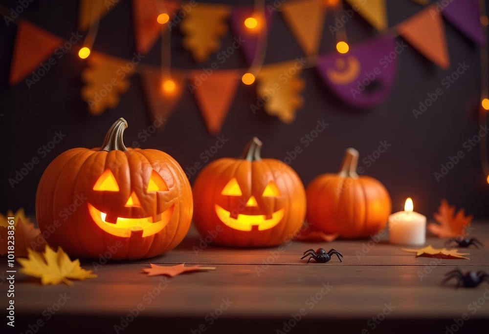 cozy Halloween scene featuring a wooden table adorned with carved pumpkins each with cheer