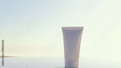 Empty white skin care bottle tube with frosted window glass background, with light reflecting on its surface and reflecting soft pastel colored light