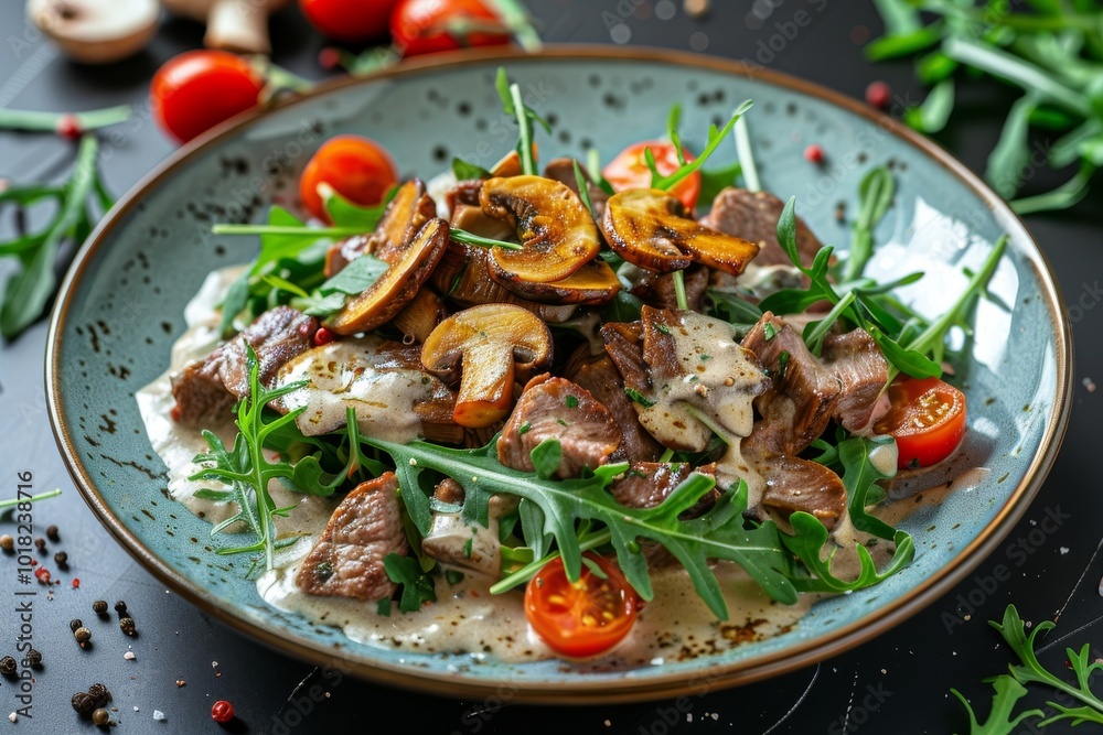Veal and porcini salad. Warm salat with mushrooms in cream sauce, roasted meat beef fillet, cherry Veal and porcini salad. Warm salat with mushrooms in cream sauce, roasted meat beef fillet, cherry