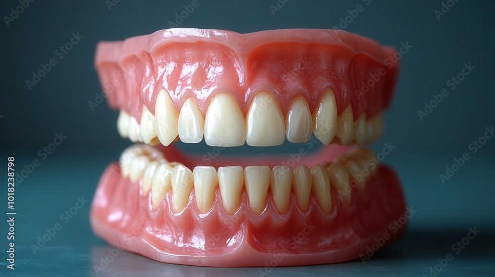 This display features a detailed model of human dentures, showcasing upper and lower sets with realistic teeth and gums. The dark blue background enhances the visibility of the dental replica, emphasi This display features a detailed model of human dentures, showcasing upper and lower sets with realistic teeth and gums. The dark blue background enhances the visibility of the dental replica, emphasi
